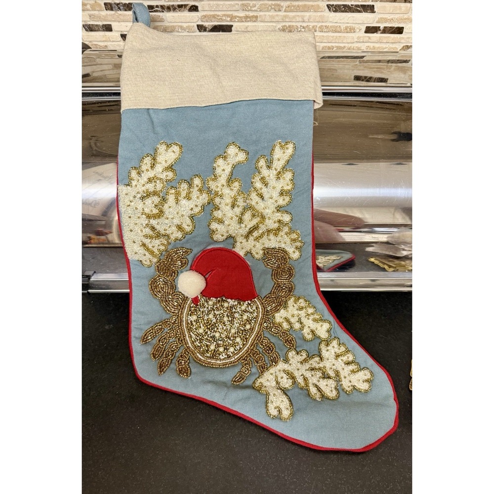 VTG Adorable Pier 1 Beaded Blingy crab Christmas Holiday Stocking (discontinued)